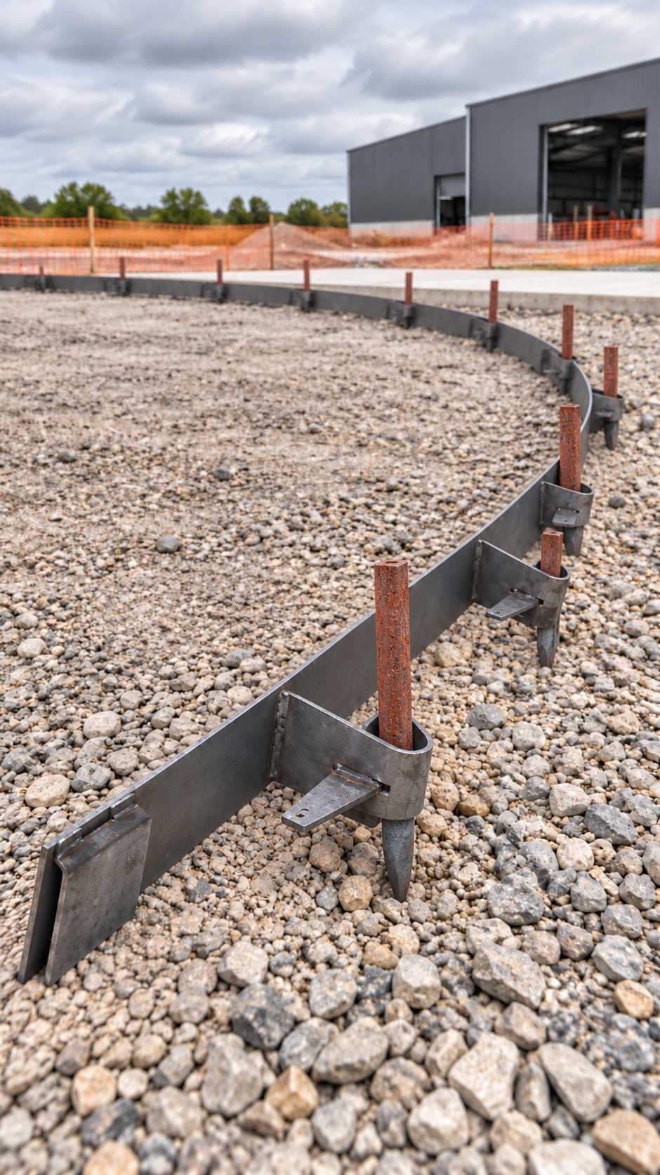 Thin-gauge flexible steel road form with square pointed stakes and an end joining clip