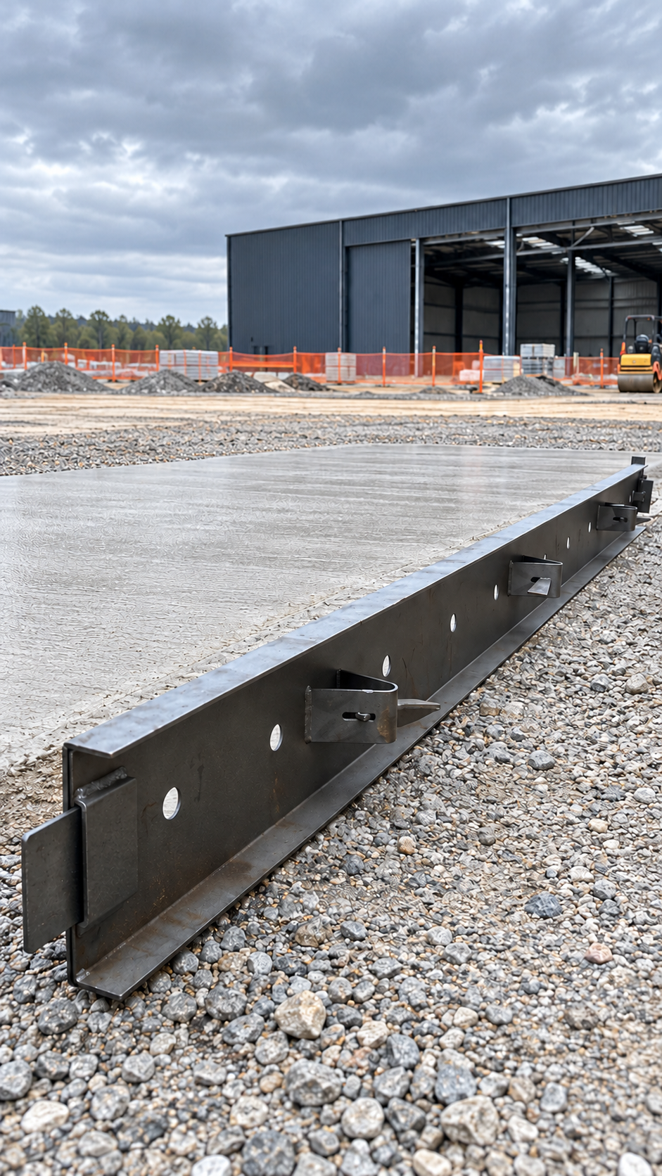 Rigid steel road form installed beside a concrete slab